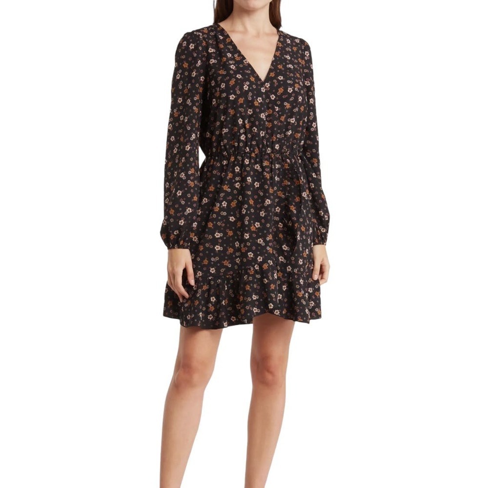 Abound Mid Length Floral Long Sleeve Ruffle Hem Wrap Dress Size XL